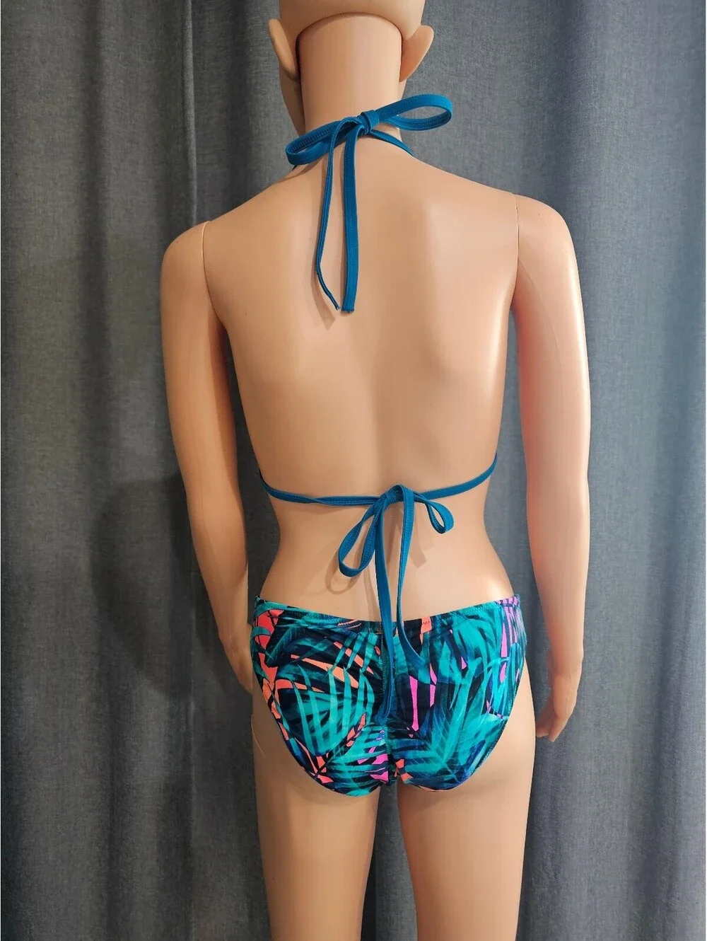 PINK Victoria's Secret Blue Halter Bikini Top with Tropical Print Bottoms